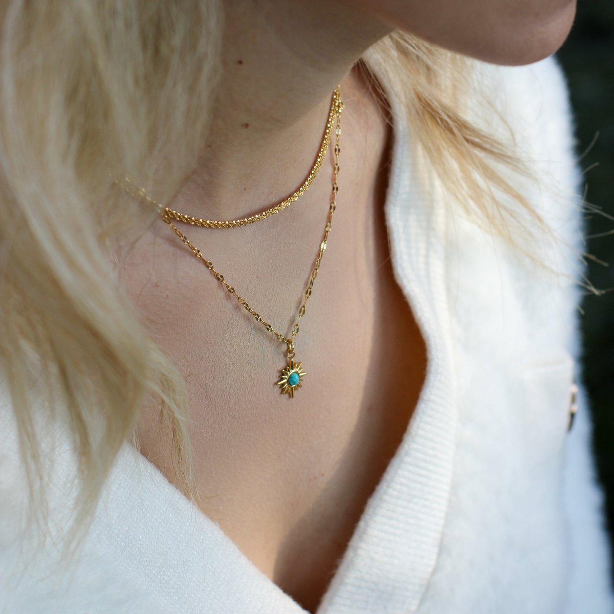 Blauwe zon halsketting | Goud